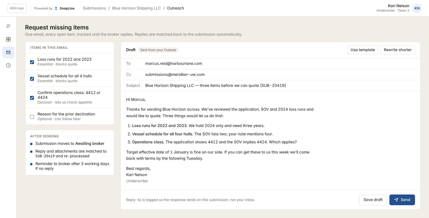 A drafted email to the broker listing the three outstanding items, with the submission's open items on the left and a note that the reply and its attachments will be matched back to the submission automatically.