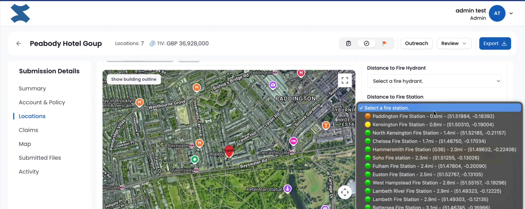 SnapLine hazard assessment on a live London submission — satellite map with fire hydrant and fire station proximity per location