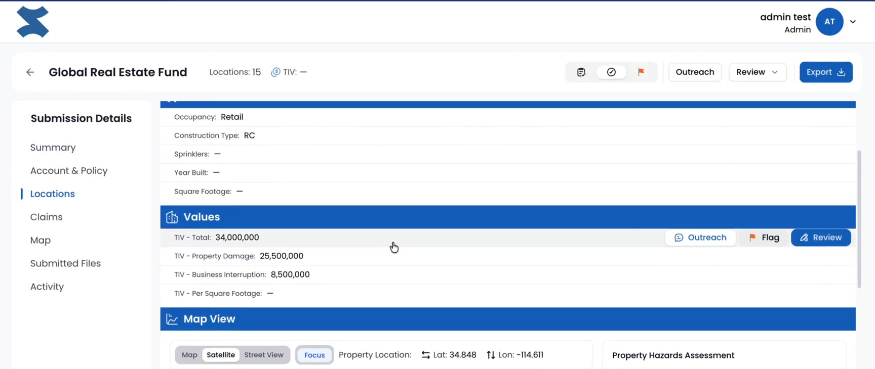 SnapLine submission detail view showing extracted occupancy, construction type, and total insured values